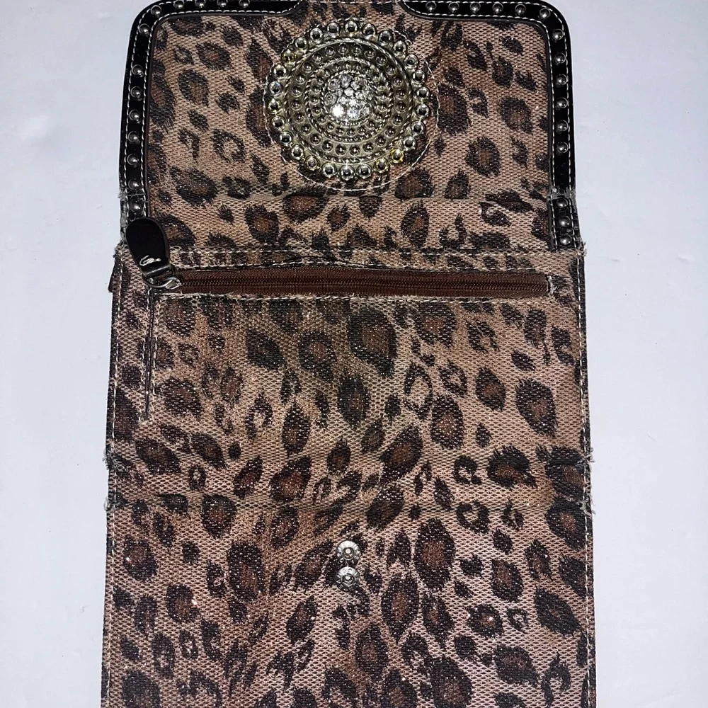Leopard Print Rhinestone Medallion Women's Wallet - Brown - Picture 2 of 7